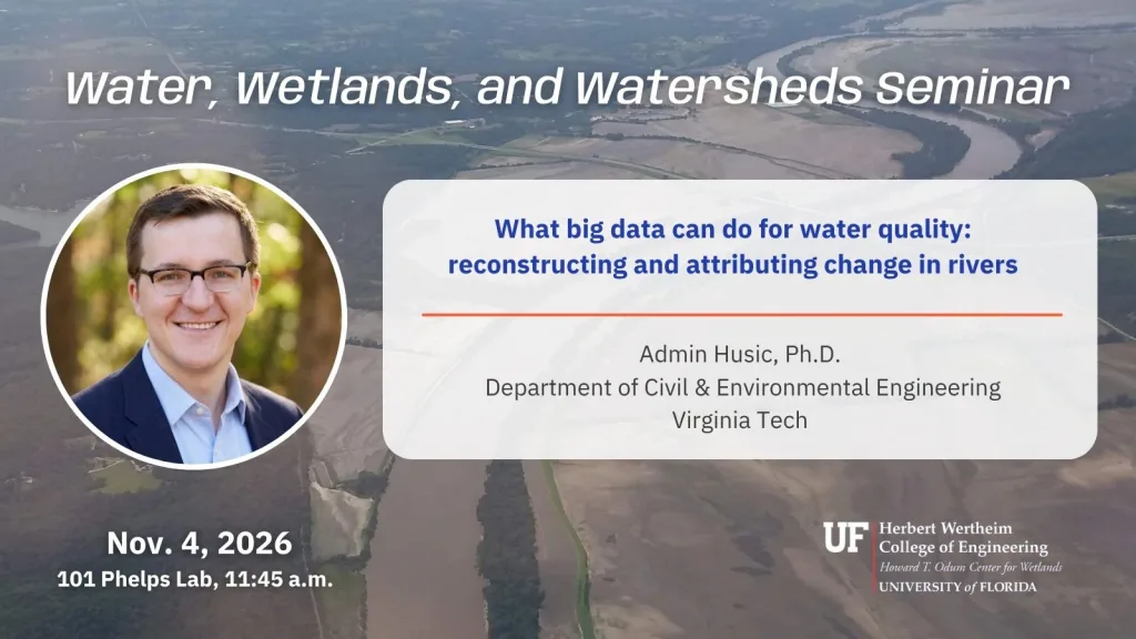 A graphic of a seminar with the headshop of the presenter, title, date, time. The background is an aerial picture of a river.