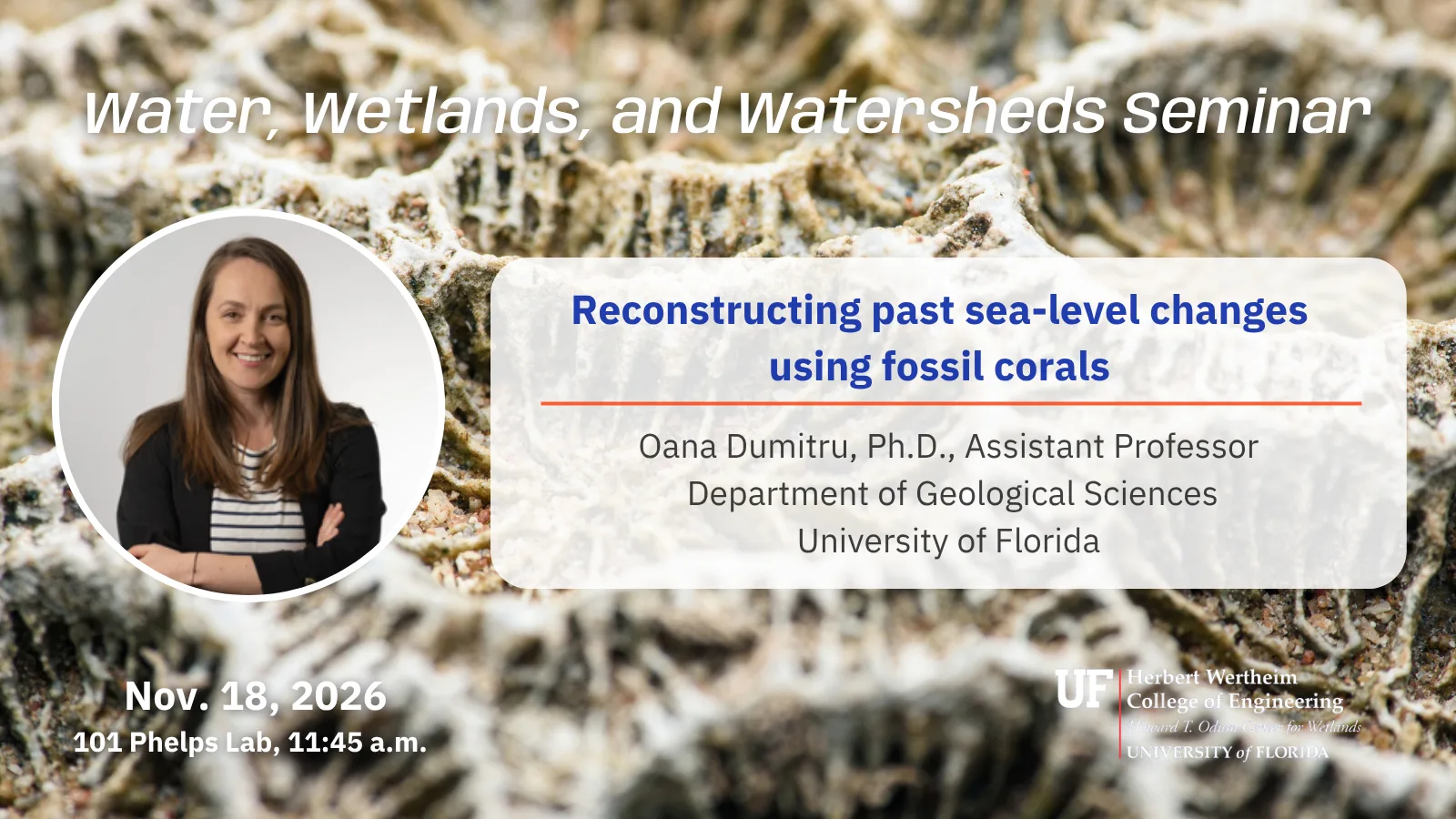 Water, Wetlands, and Watersheds Seminar graphic featuring Oana Dumitru’s portrait over a fossil coral background. Seminar: “Reconstructing past sea-level changes using fossil corals,” presented by Oana Dumitru, Ph.D., assistant professor in UF’s Department of Geological Sciences. Nov. 18, 2026, at 11:45 a.m. in 101 Phelps Lab. Hosted by the UF Howard T. Odum Center for Wetlands.