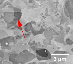 Micrograph showing lobed nucleation of recrystallization off a hard particle in a Ni superalloy.