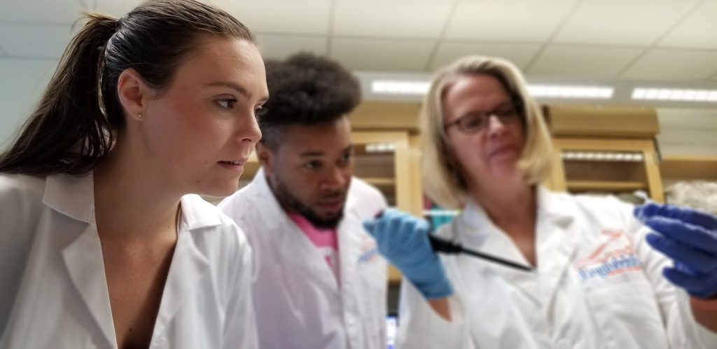 An undergraduate student, Brianna Smith, trainingtwo K-5 teachers from the MRET program